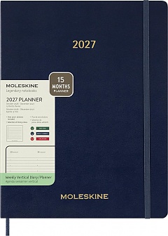 Kalendarz Moleskine 2027 12M rozmiar XXL (bardzo duży 23,5x28,14cm) Wertykalny Tygodniowy Niebieski/Szafirowy Miękka oprawa (Moleskine Weekly Vertical Diary/Planner 2027 XXL Sapphire Blue Soft Cover) - 8056999278847