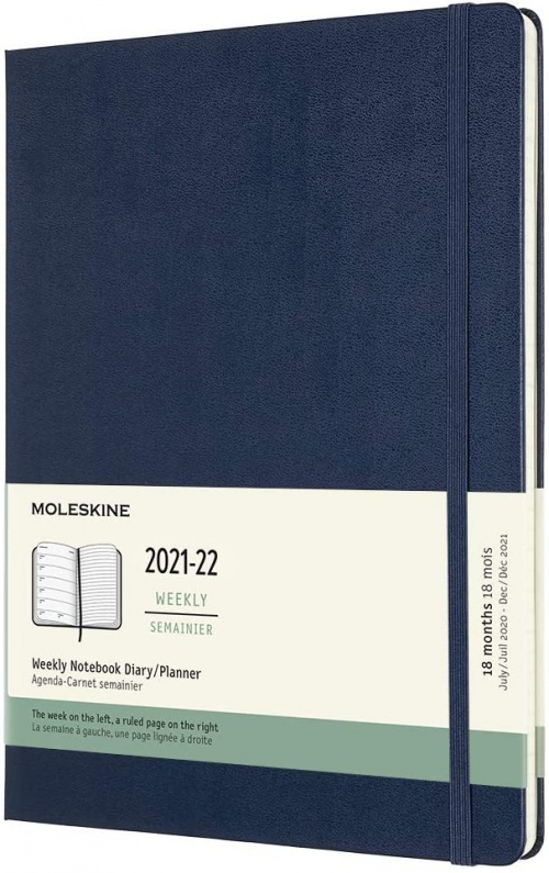 Kalendarz Moleskine 2021-2022 18-miesięczny rozmiar XL (bardzo duży 19x25 cm) Tygodniowy Niebieski Ciemny/ Szafirowy Twarda oprawa (Moleskine Weekly Notebook Planner 2021/22 Extra Large Hard Sapphire Blue Cover) - 8056420856293