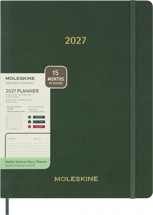 Kalendarz Moleskine 2027 12M rozmiar XXL (bardzo duży 23,5x28,14cm) Wertykalny Tygodniowy Zielony Mirt Miękka oprawa (Moleskine Weekly Vertical Diary/Planner 2027 XXL Myrtle Green Soft Cover) - 8056999278854