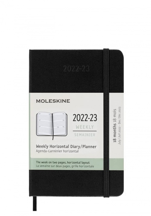 Kalendarz Moleskine 2022-2023 18-miesięczny rozmiar P (kieszonkowy 9x14 cm) Horyzontalny Tygodniowy Czarny Twarda oprawa (Moleskine Weekly Horizontal Notebook Diary/Planner 2022/23 Pocket Hard Black Cover) - 8056598851373