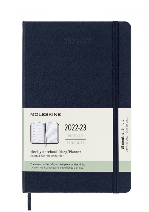 Kalendarz Moleskine 2022-2023 18-miesięczny rozmiar L (duży 13x21 cm) Tygodniowy Niebieski Ciemny/ Szafirowy Miękka oprawa (Moleskine Weekly Notebook Planner 2022/23 Large Soft Sapphire Blue Cover) - 8056598851182