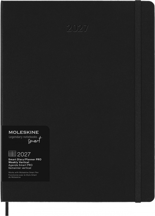 Kalendarz Inteligentny PRO 2027 12M Moleskine Smart do Pióra Smart Pen rozmiar XL (bardzo duży 19x25 cm) Wertykalny Tygodniowy Czarny Twarda oprawa (Moleskine Smart Planner 2027 Vertical Weekly 12-Month Large Black Hard Cover) - 8056999279332