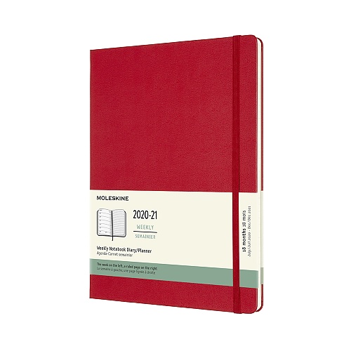 Kalendarz Moleskine 2020-2021 18-miesięczny rozmiar XL (bardzo duży 19x25 cm) Tygodniowy Czerwony/ Szkarłatny Twarda oprawa (Moleskine Weekly Notebook Diary/Planner 2020/21 Extra Large Hard Scarlet Red Cover)