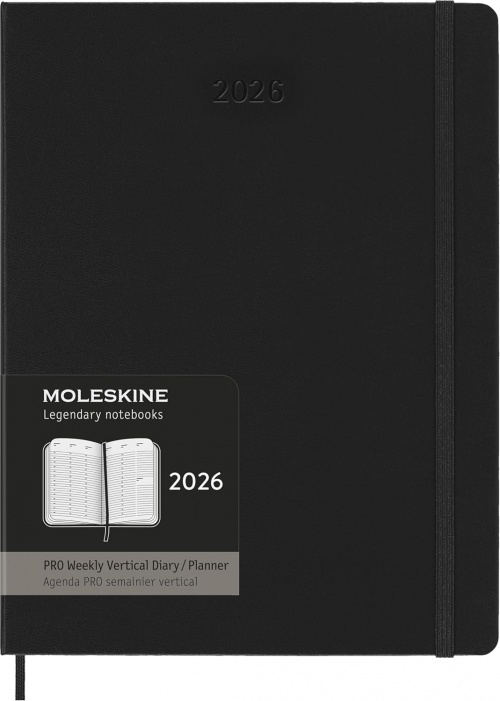 Kalendarz Moleskine 2026 12M PRO rozmiar XL (bardzo duży 19x25 cm) Wertykalny Tygodniowy Czarny Twarda oprawa (Moleskine Weekly Vertical 2026 PRO Planner Extra Large Black Hard Cover) - 8056999274665