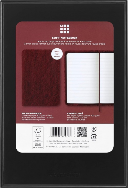 Notatnik Futrzasty Moleskine L duży (13x21cm) w Linie Miękka oprawa z Czerwonego Sztucznego Futra w Pudełu (Moleskine Limited Edition Faux Fur Ruled Notebook Large Soft Maple Red Cover) - 8056598855395