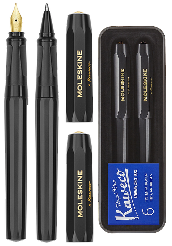Moleskine X Kaweco Fountain Pen & Ballpoint Set – Blue Ink, Medium Nib, Stainless Steel, Gold Trim, NEW